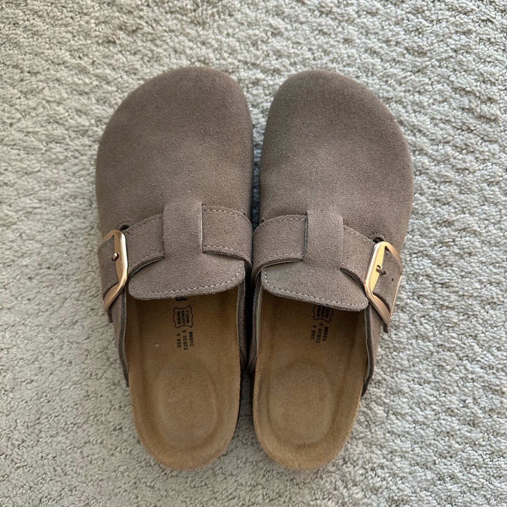 Project Cloud Taupe Suede Buckle Clog Mule - Neutral Slip-On